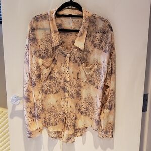 Free People Sheer Watercolor Coral Print Blouse